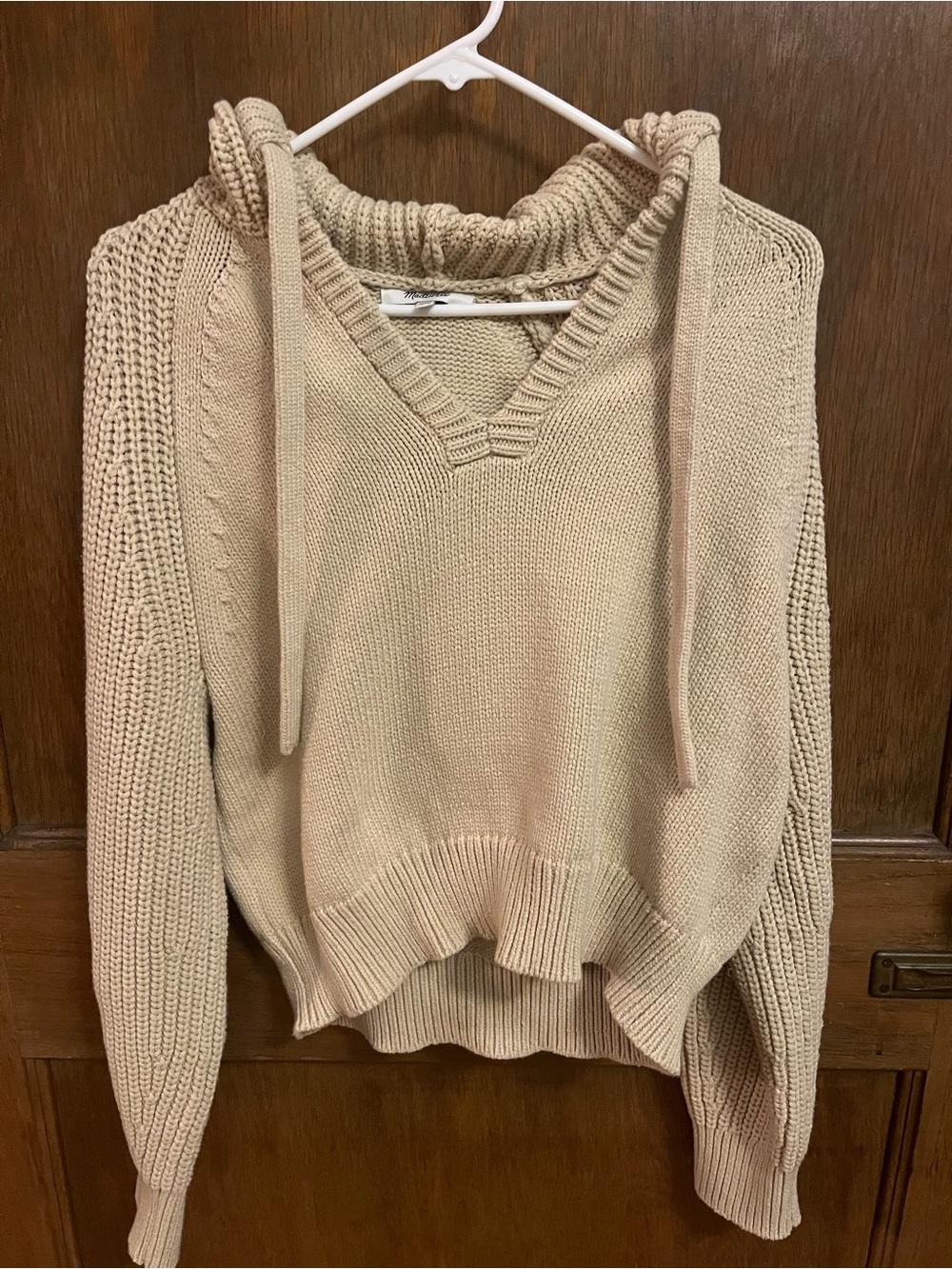 Madewell Beige V-Neck Hooded Knit Sweater